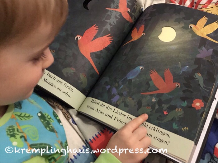 Kind schaut Kinderbuch mit Mond an