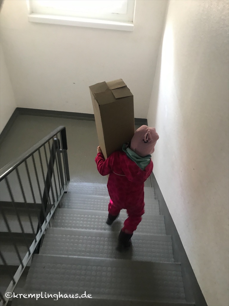 Kind trägt Karton die Treppe runter