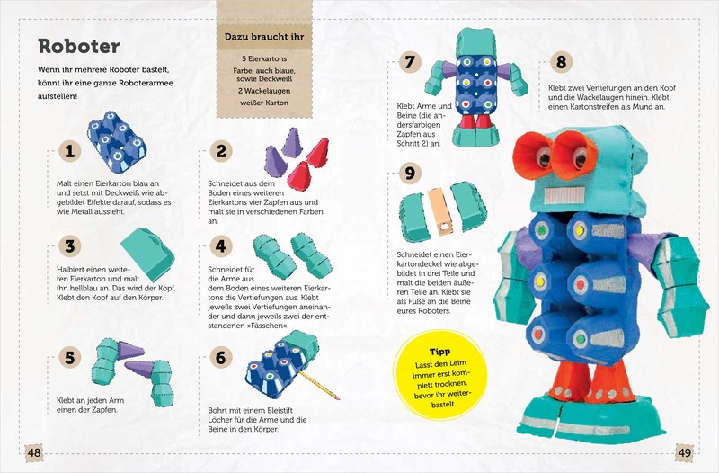 Das Eierkarton-Bastelbuch für Kinder Buchseite mit Bastelanleitung Roboter