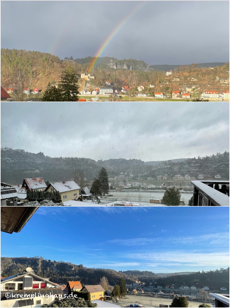 Blick auf den Kurort Rathen mit 3 verschiedenen Witterungen - oben Regenbogen, Mitte Schnee, unten Sonne und blauer Himmel