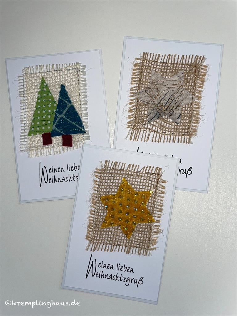 Weihnachtskarten Dresden näht Edition mit Stoffresten und Juteband