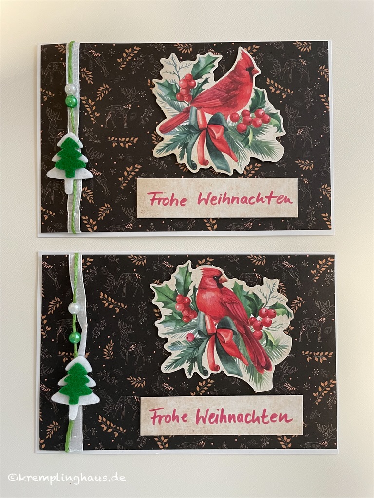 2 Weihnachtskarten rote Vögel und Ilex