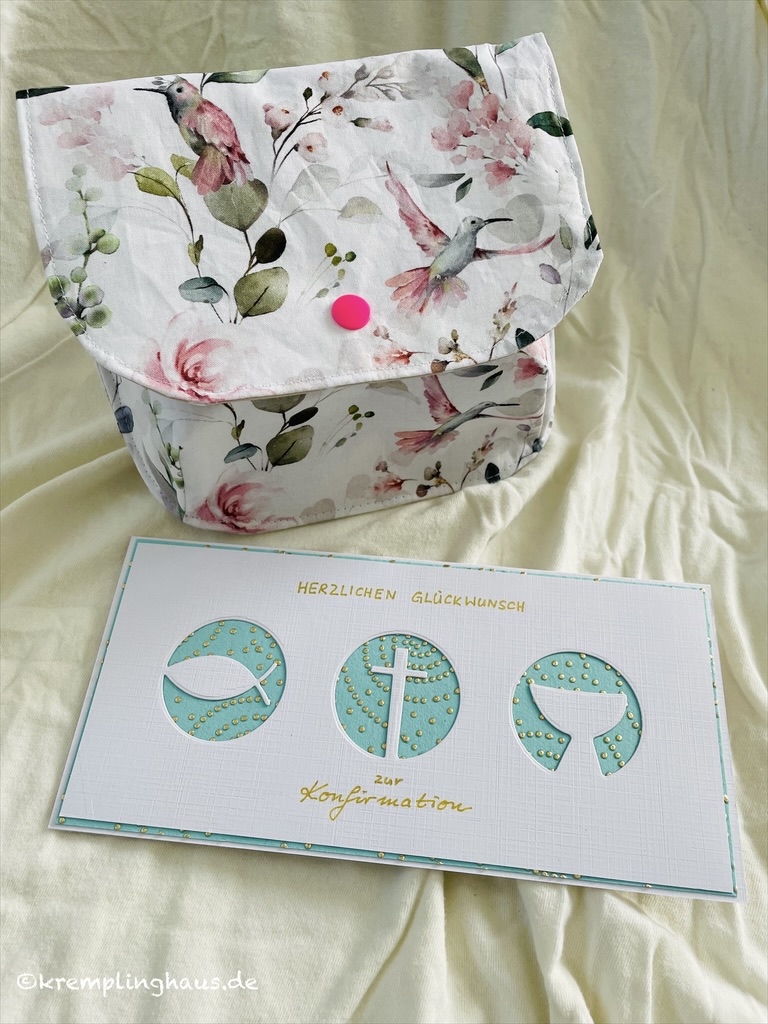 Grußkarte zur Konfirmation in weiß türkis und Kosmetiktasche in wei mit grün-pinken Blumendesign