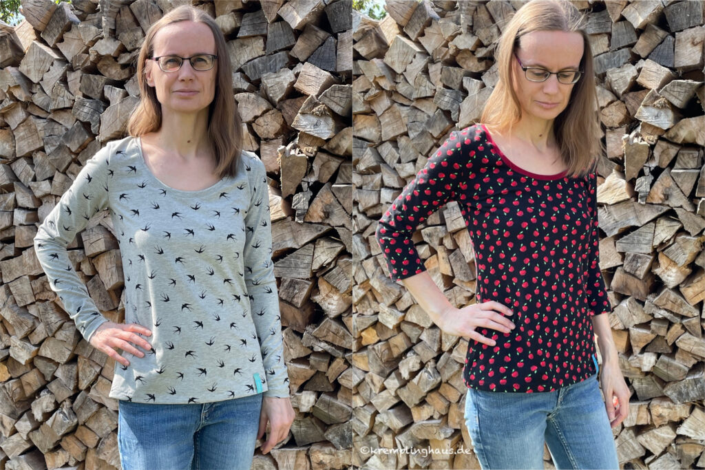 Shirt Liv mit langen Ärmeln Grau mit schwarzen Schwalben und mit 3/4-langen Ärmeln schwarz mit kleinen roten Äpfeln Vorderansicht
